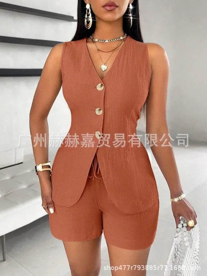 Women's Elegant Commuter Shorts Set - V-Neck Sleeveless Top & Shorts - Buy Center US
