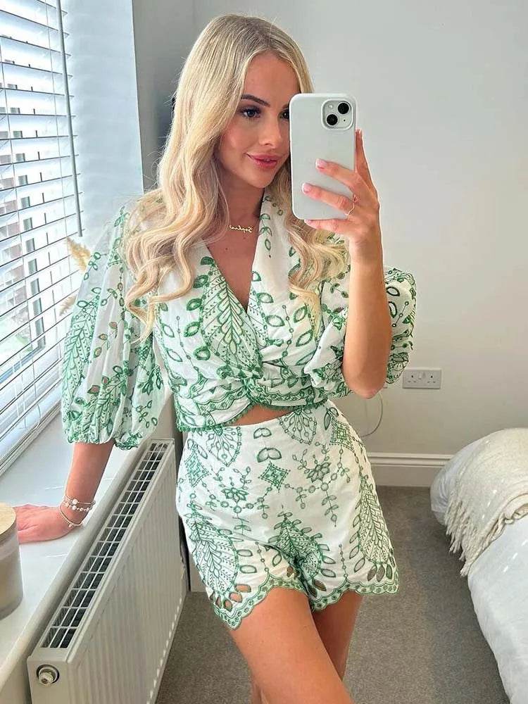 Summer 2024 Women’s 2-Piece Shorts Set - Fashionable Embroidery Blouse - Buy Center US