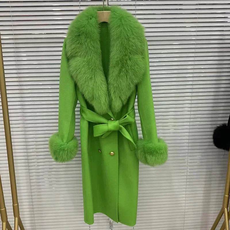 HSPLC Women's Long Wool Blended Coat with Fox Fur Collar - Winter Fashion - Buy Center US