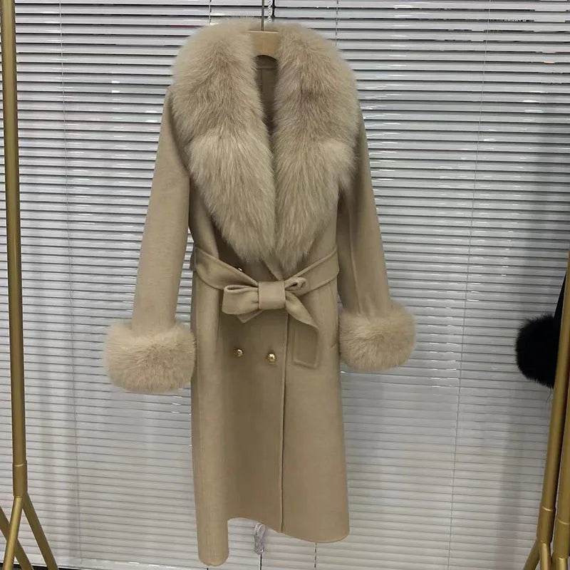 HSPLC Women's Long Wool Blended Coat with Fox Fur Collar - Winter Fashion - Buy Center US