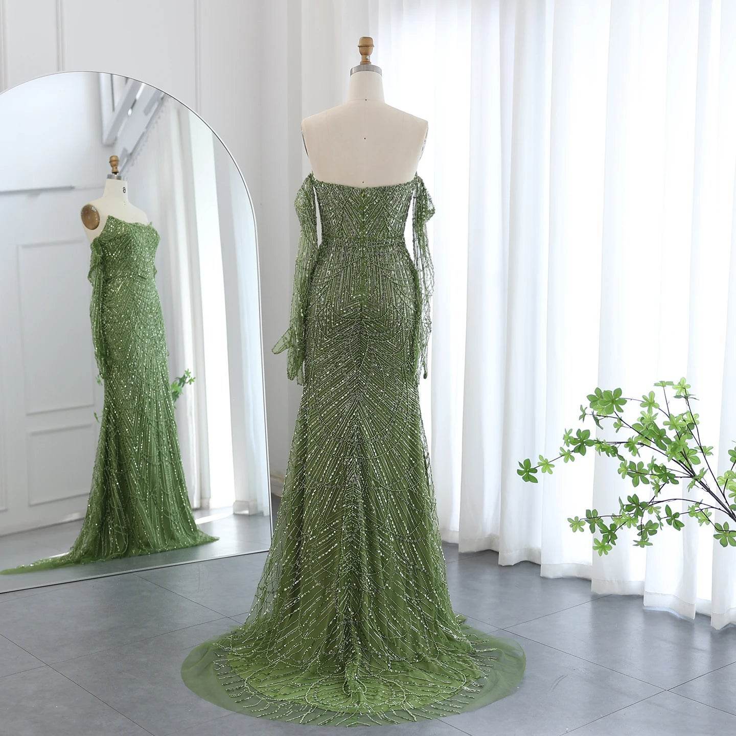 Sharon Said Luxury Mermaid Evening Dress - Green Tulle Gown with Gloves - Buy Center US