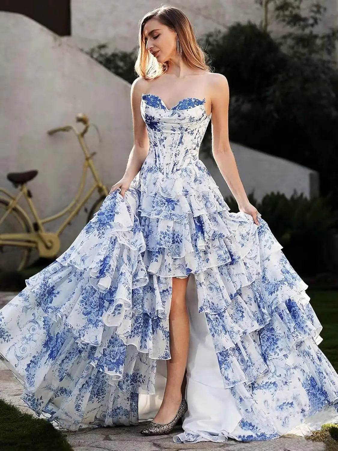 Strapless Floral Tiered Prom Dress - Sweetheart Neckline, A-Line Design - Buy Center US