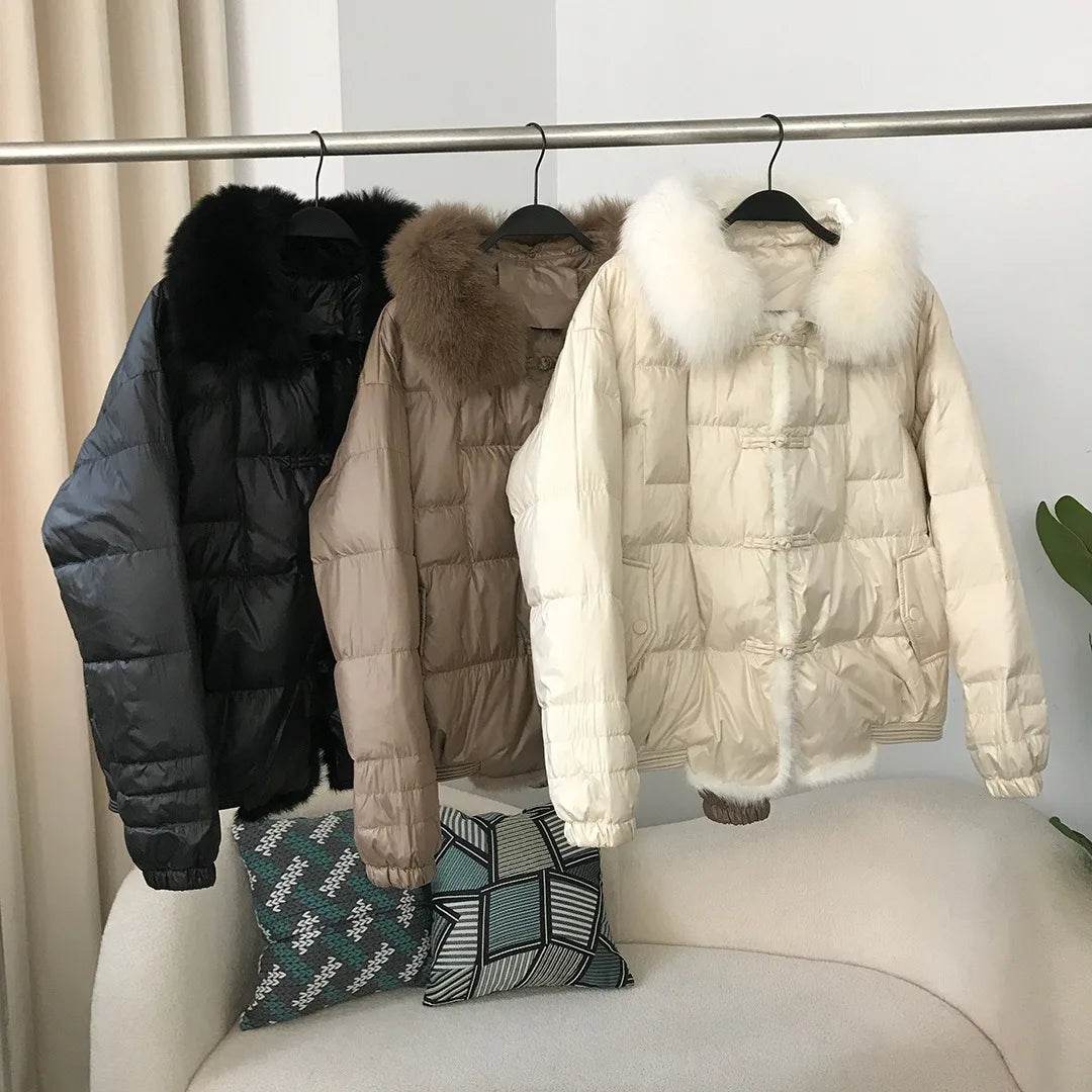 Women's White Duck Down Puffer Jacket - Real Fox Fur Collar Coat - Buy Center US