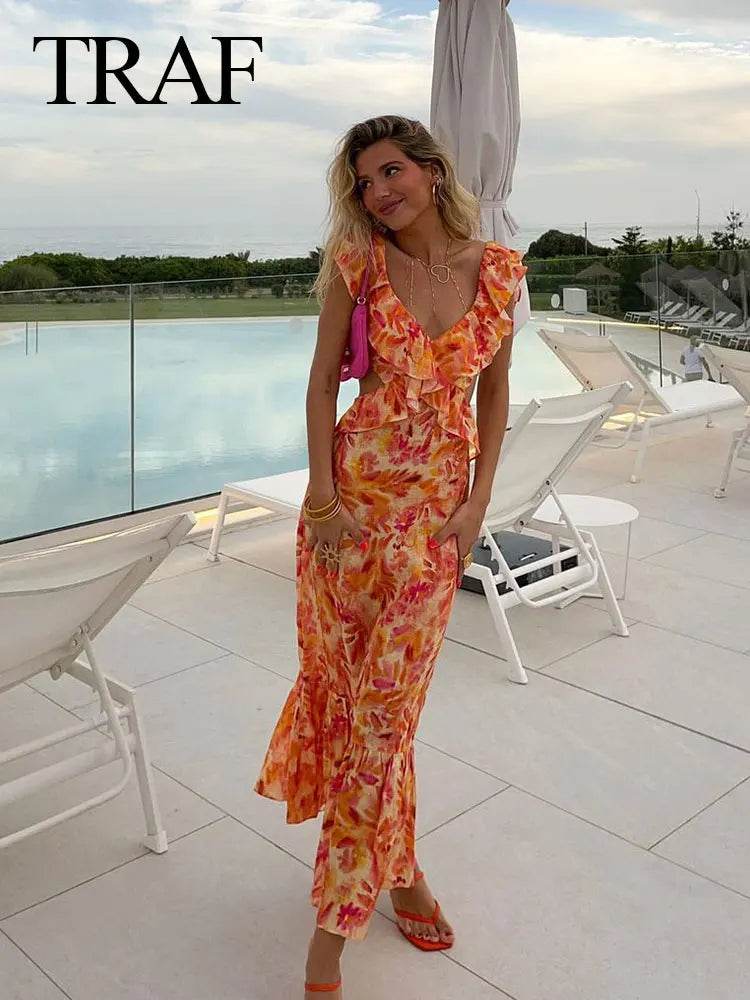 TRAFZA Summer V-Neck Backless Dress - Bohemian Ruffle Print Style - Buy Center US