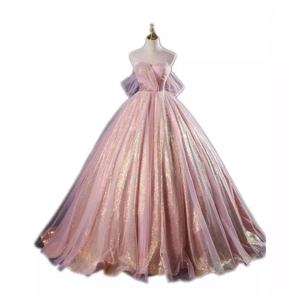 MCDV Rose Gold Off The Shoulder Evening Dress - Sequined Quinceanera - Buy Center US
