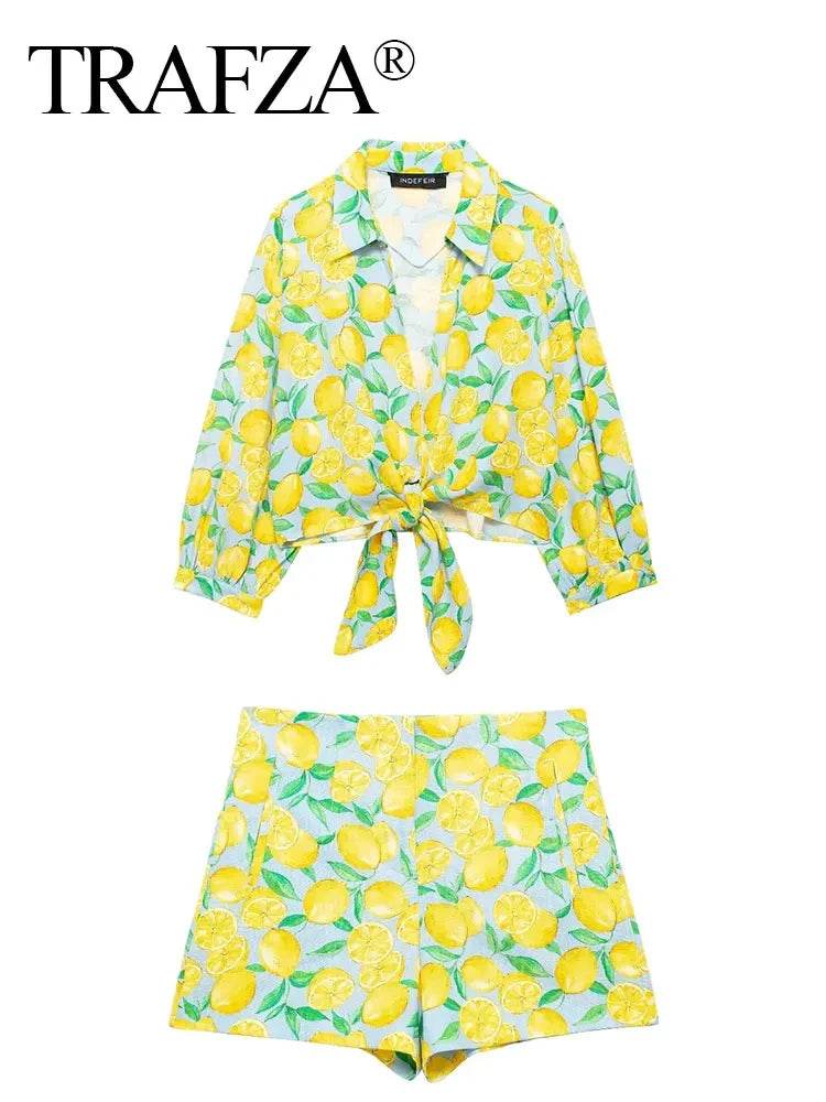 TRAFZA Lemon Print Summer Shorts Set - Casual Lace-up Blouse & Shorts - Buy Center US