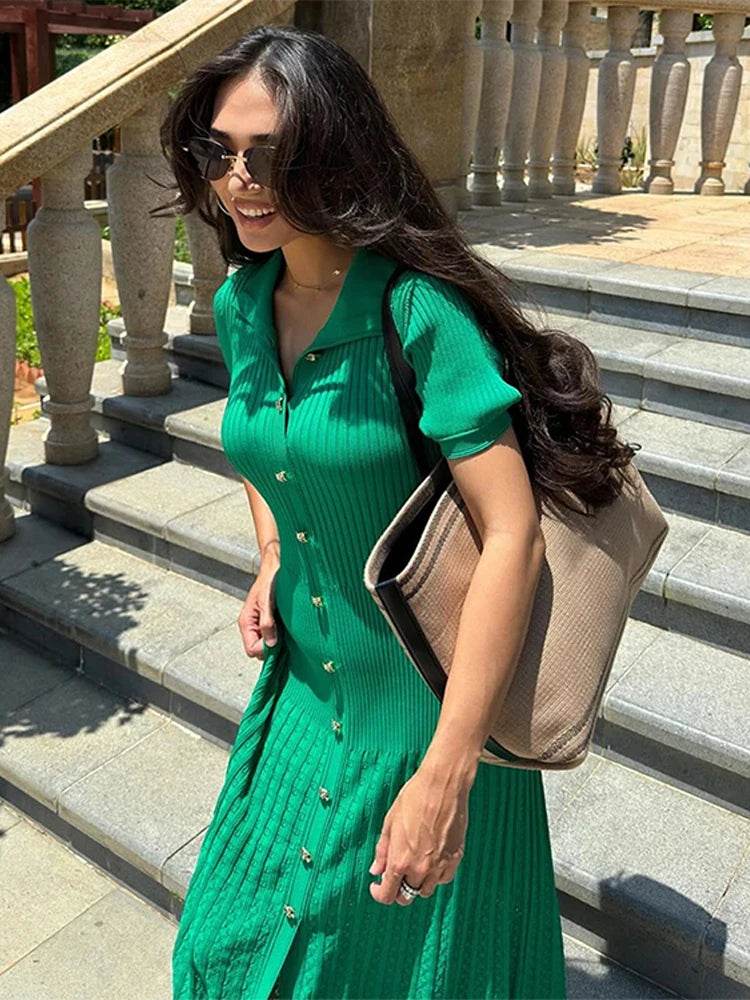Elegant Women's Short Sleeve Dress - O Neck, High Waist Design - Buy Center US