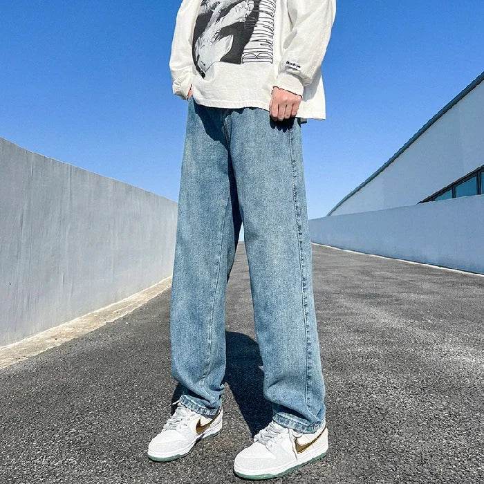 Men's Casual Blue Vintage Jeans - Straight Wide Leg Fit, Baggy Style - Buy Center US
