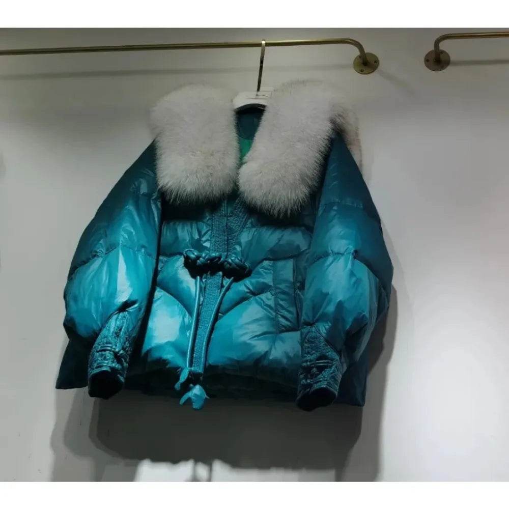 Women's Chinese Style Down Jacket - Fox Fur Collar, Winter Warmth - Buy Center US