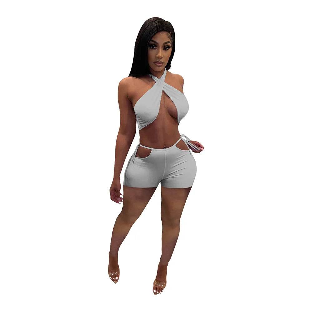 Stylish Women's Two Piece Set - Criss Cross Crop Top & Shorts - Buy Center US
