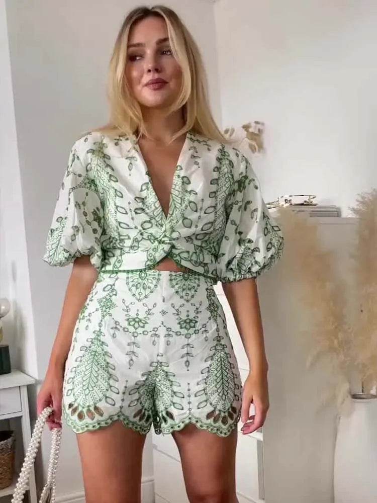 Summer 2024 Women’s 2-Piece Shorts Set - Fashionable Embroidery Blouse - Buy Center US