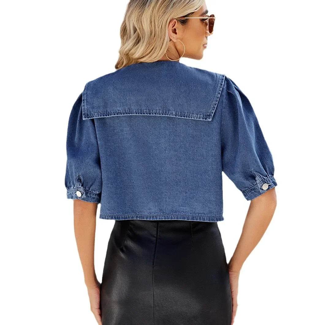 Kalenmos Women’s Sailor Collar Denim Jacket - Slim Fit with Pockets - Buy Center US