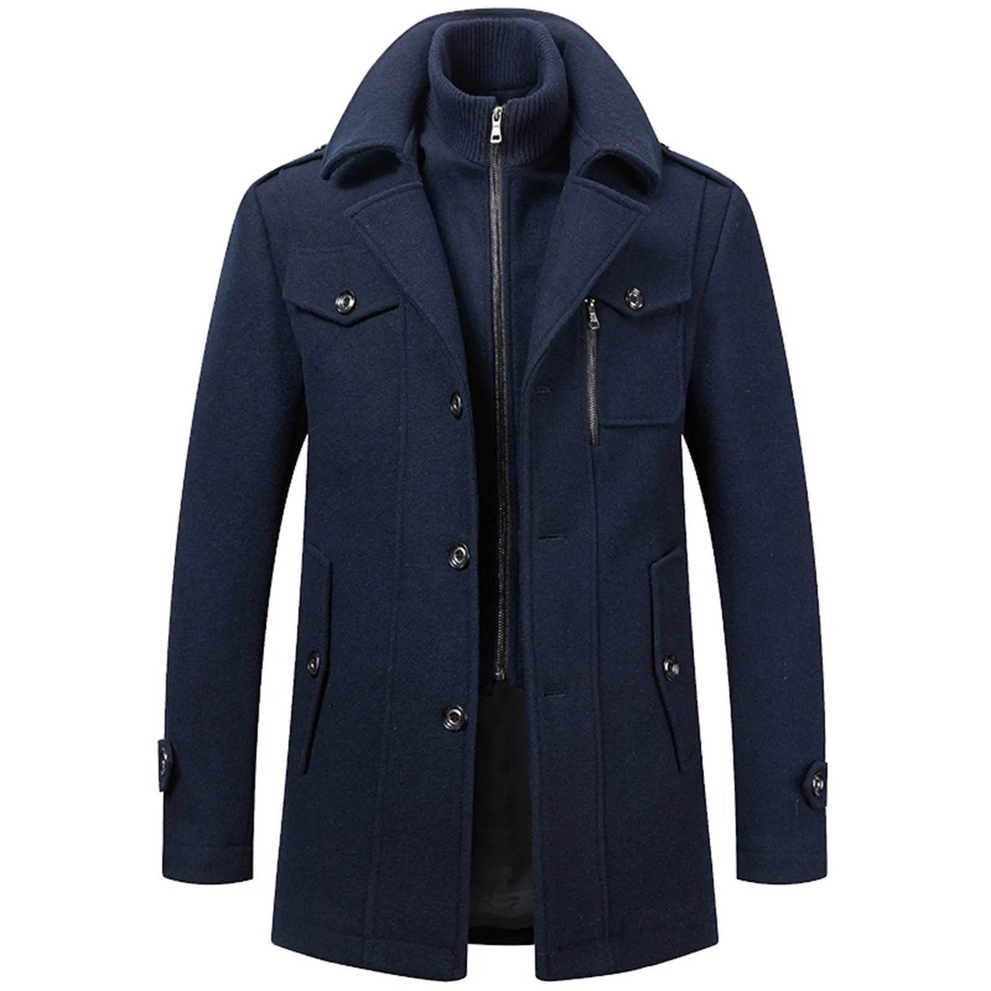 Men's Black Woolen Trench Coat - Casual High Collar Zipper Jacket - Buy Center US