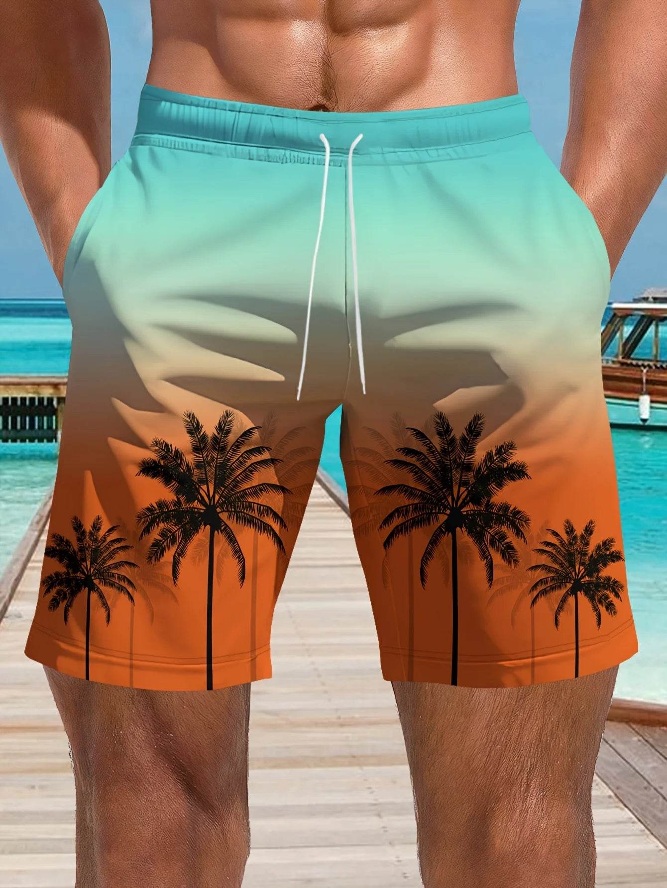 Men's Hawaiian Swim Trunks - 3D Gradient Palm Tree Print, Quick Dry - Buy Center US