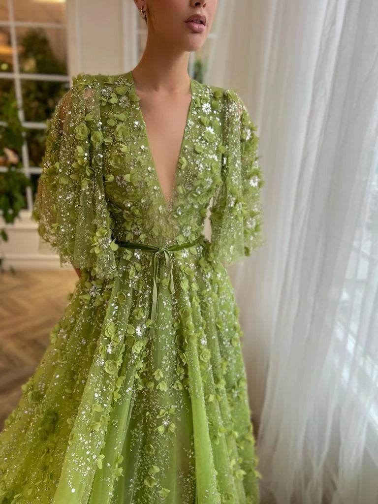 Sharon Said Green 3D Embroidered V-neck Evening Dress for Women - Buy Center US