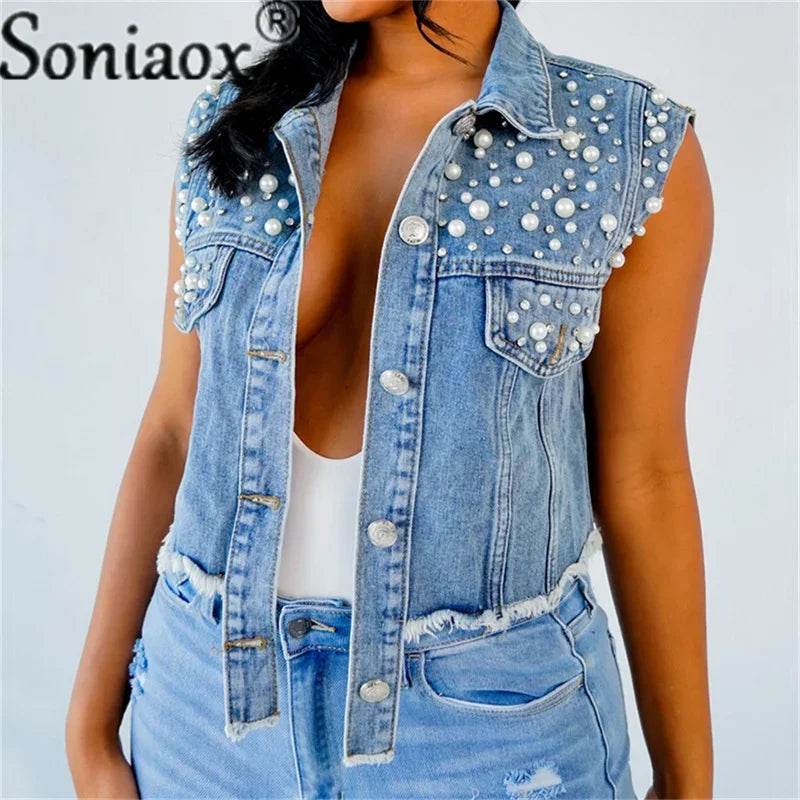 Soniaox Women's Denim Jacket Vest - Beaded Casual Short Coat - Buy Center US
