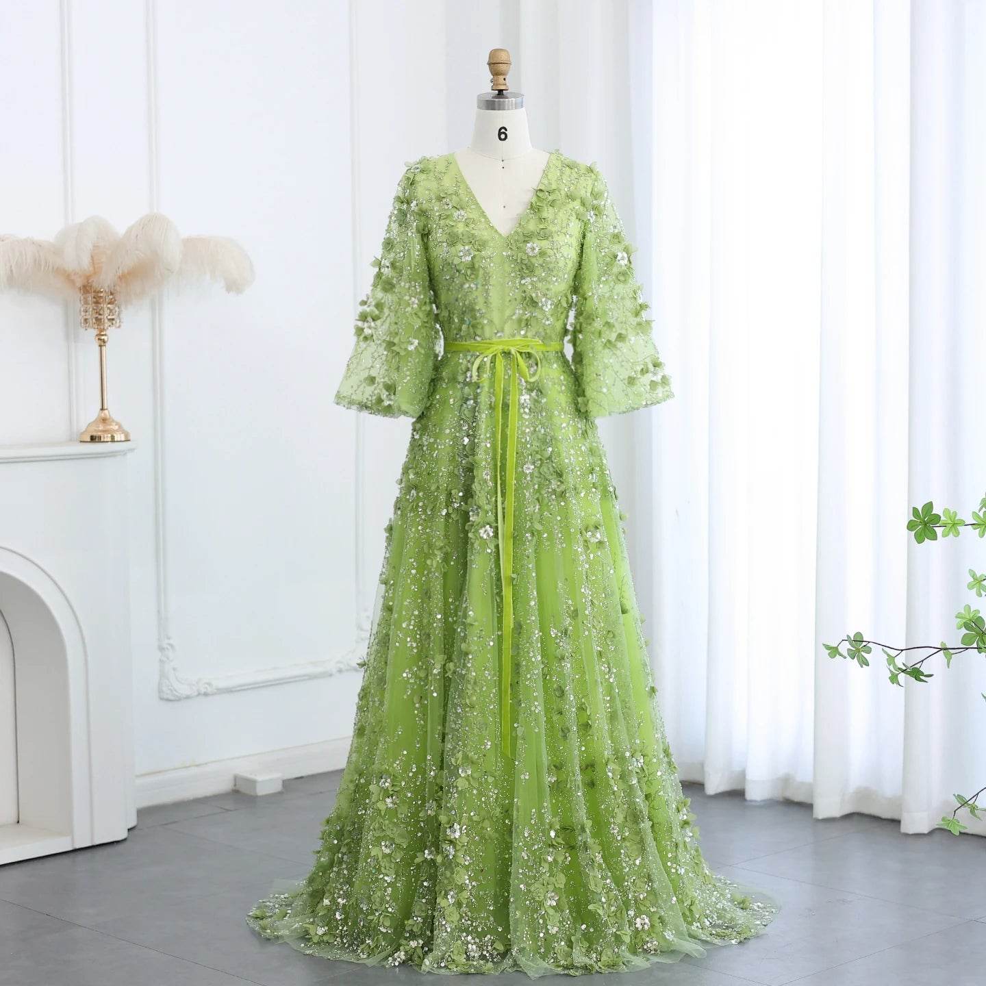 Sharon Said Green 3D Embroidered V-neck Evening Dress for Women - Buy Center US