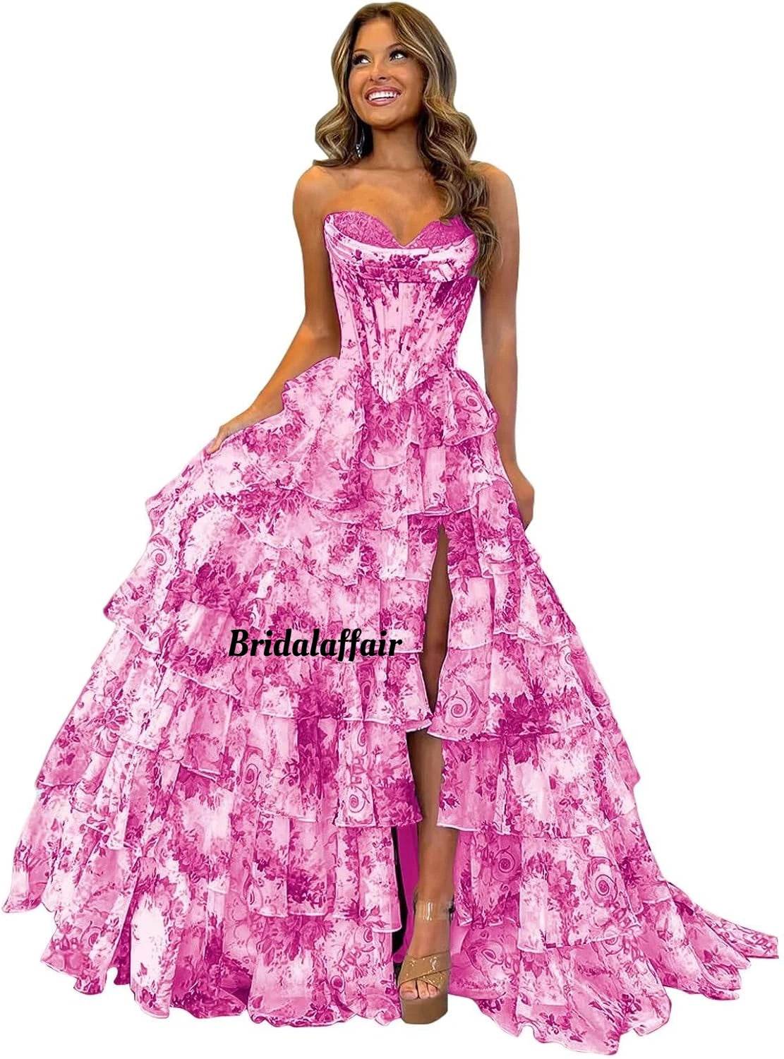 Strapless Floral Tiered Prom Dress - Sweetheart Neckline, A-Line Design - Buy Center US