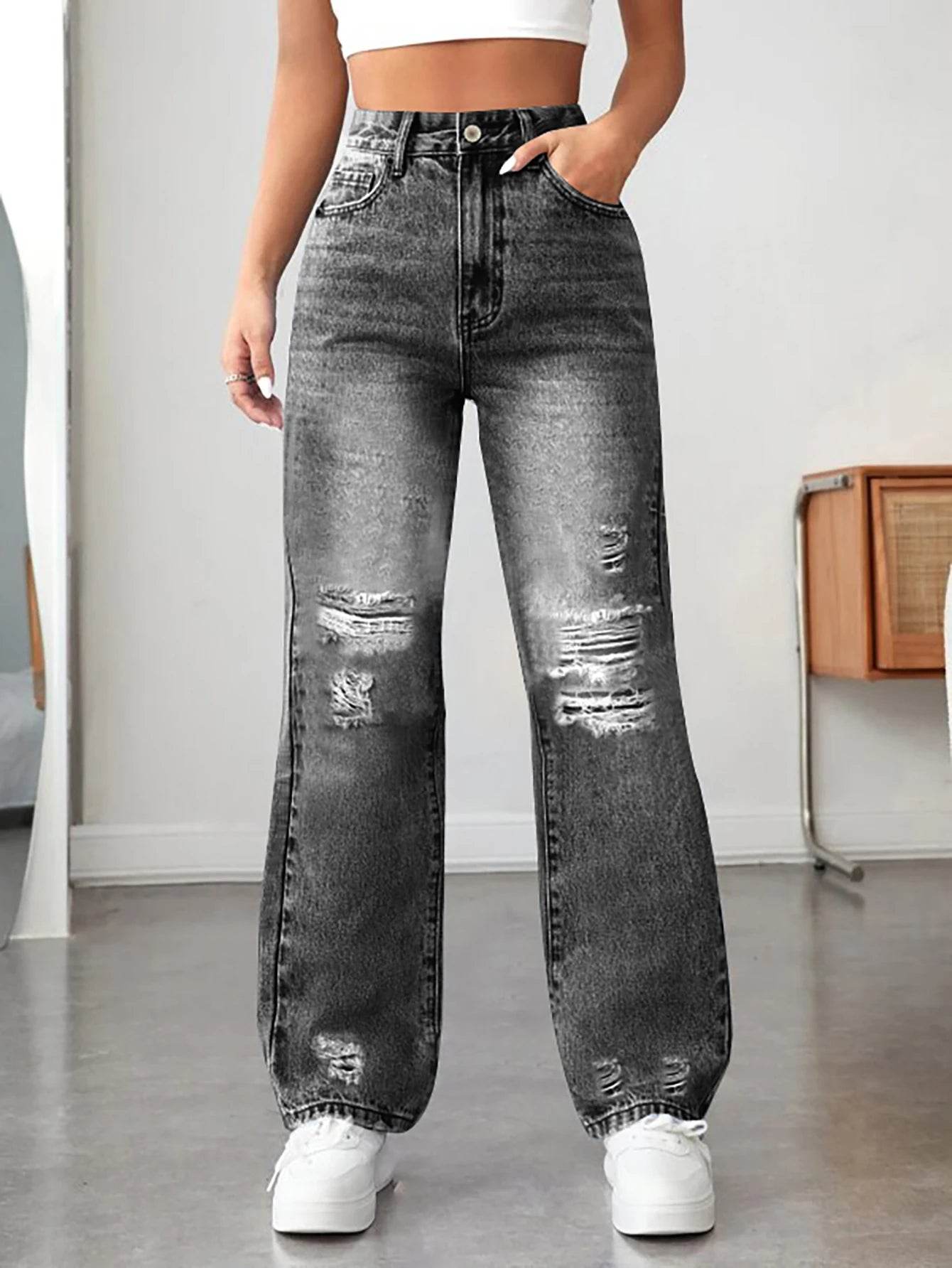 LEEYOVEE Women's Wide-Leg Ripped Denim Pants - Casual Loose Fit - Buy Center US