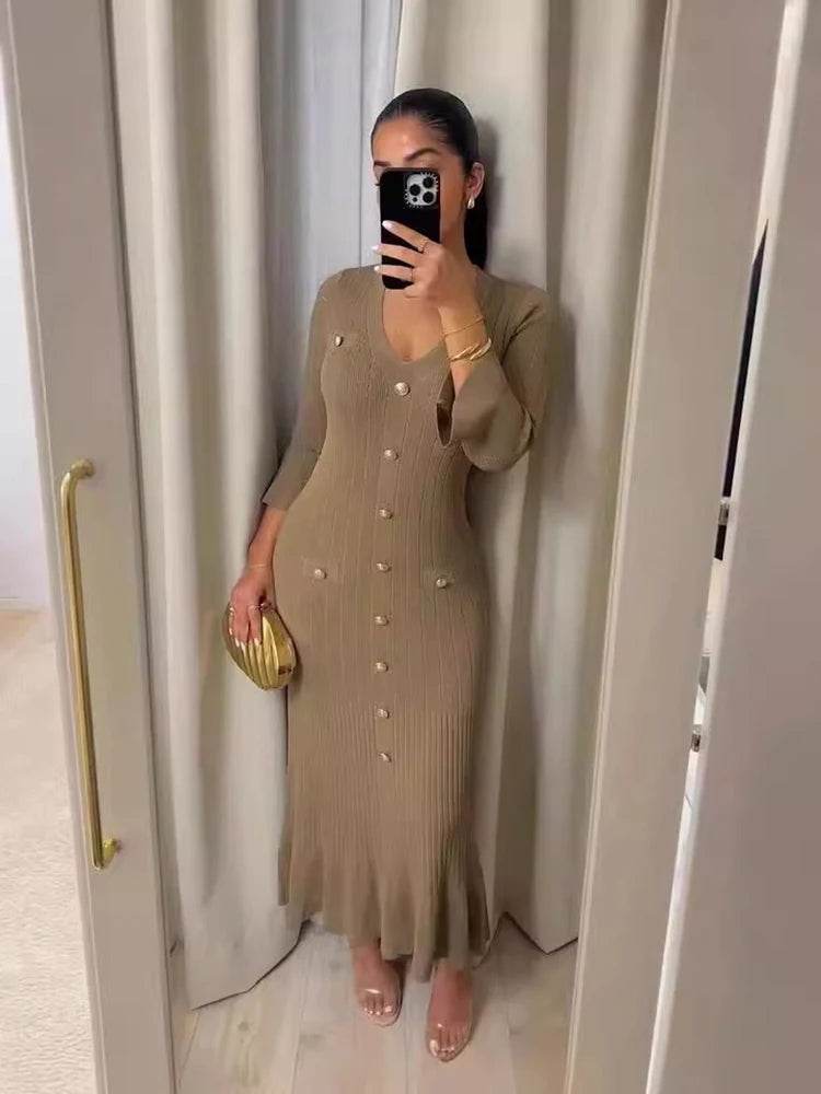 Elegant Women's Flare Sleeve V-Neck Long Dress - Party & Office Chic - Buy Center US