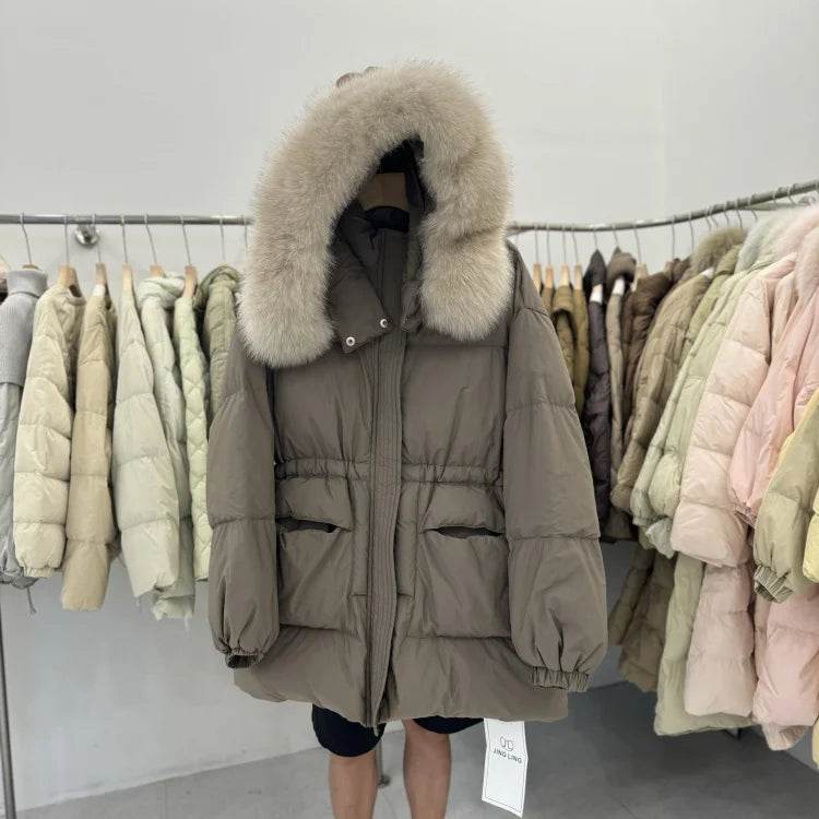 LAJWMPLX Women’s Winter Puffer Coat - Real Raccoon Fur Hood, Waterproof - Buy Center US