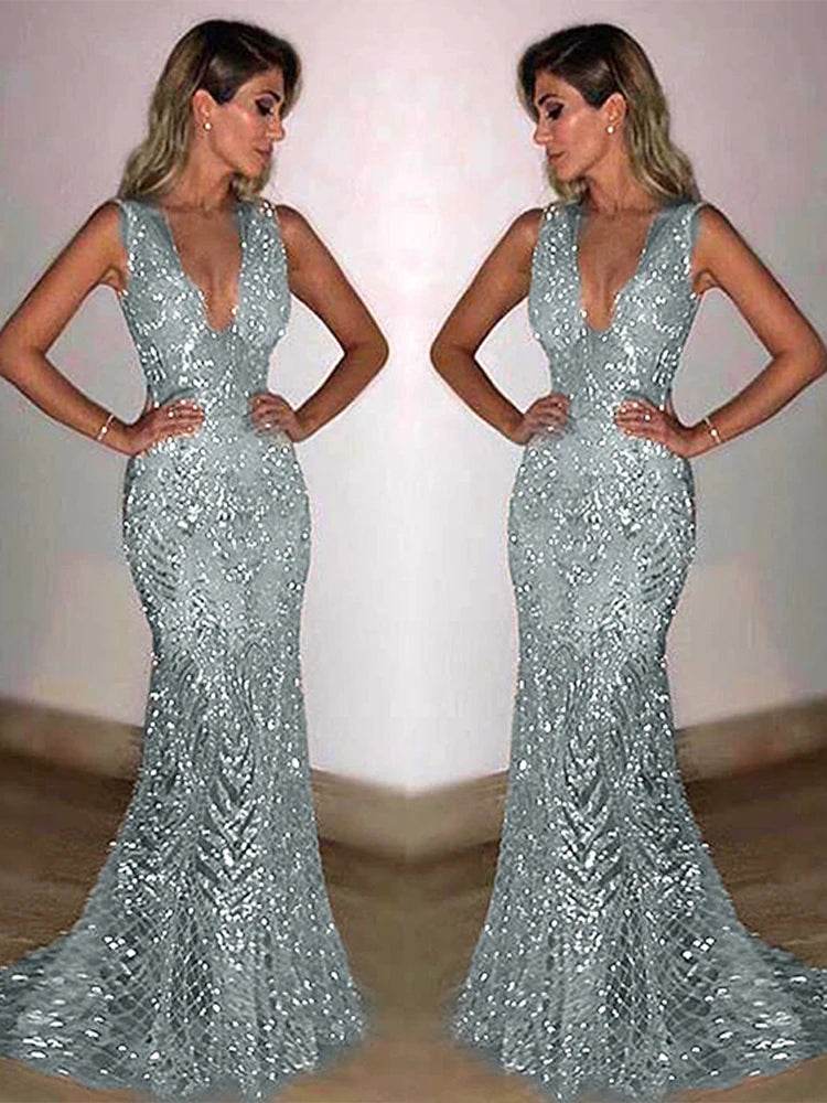 Elegant V Neck Maxi Dress for Women - Shiny Sequin Party Robe - Buy Center US