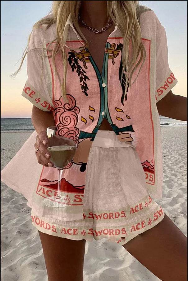 Women's Summer Print 2-Piece Beach Set - Casual Short Sleeve Top - Buy Center US
