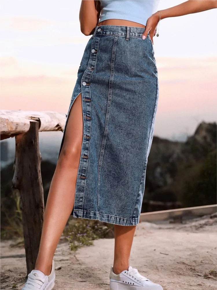 ILUKiss Casual High Quality Denim Maxi Skirt for Women - A-Line Style - Buy Center US