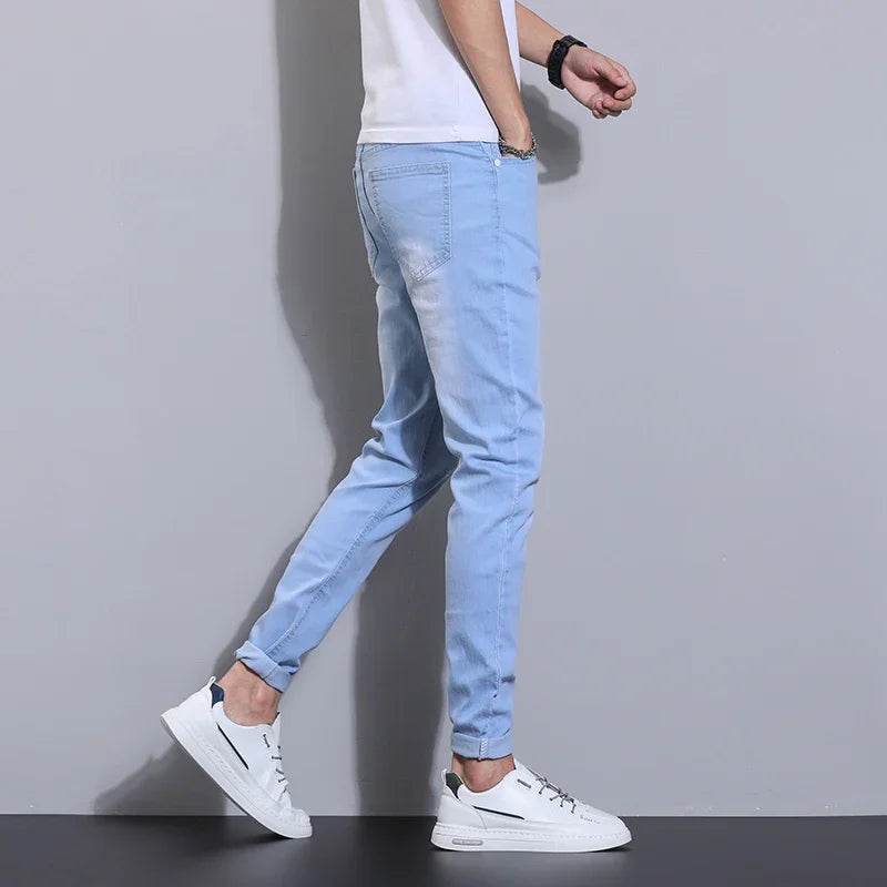 Sky Blue Slim Fit Denim Pants for Men - Classic Smart Casual Style - Buy Center US