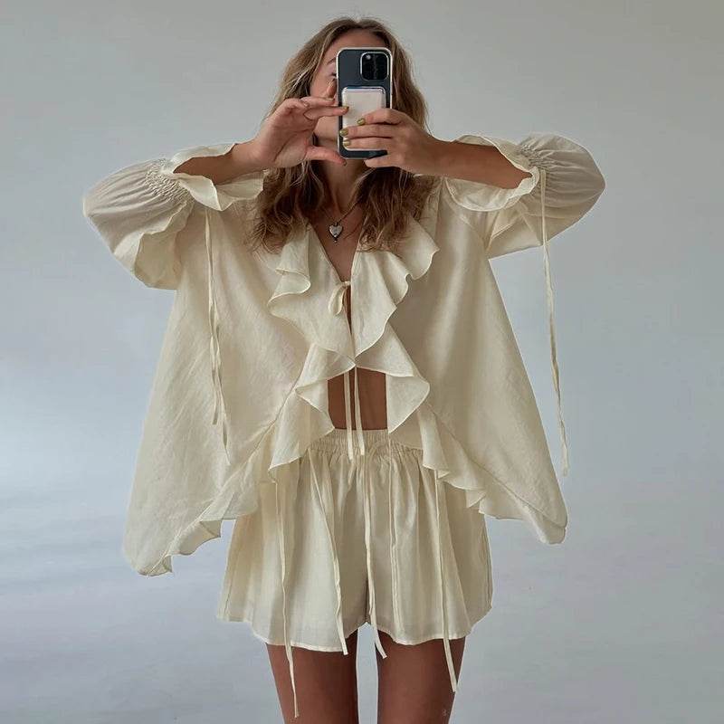 Tornova Women's Ruffled Shorts Set - V Neck Lace Up Casual Style - Buy Center US