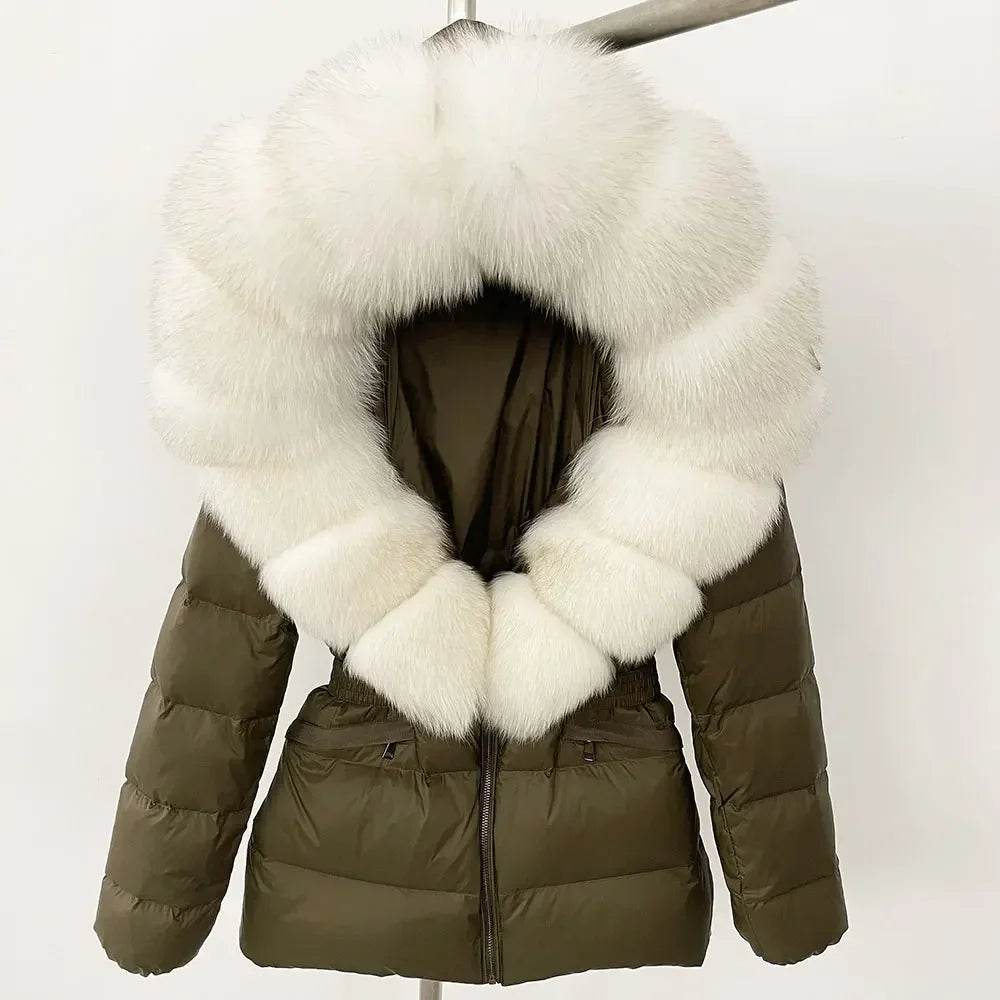 Women's Hooded White Duck Down Coat - Real Raccoon Fur Collar - Buy Center US
