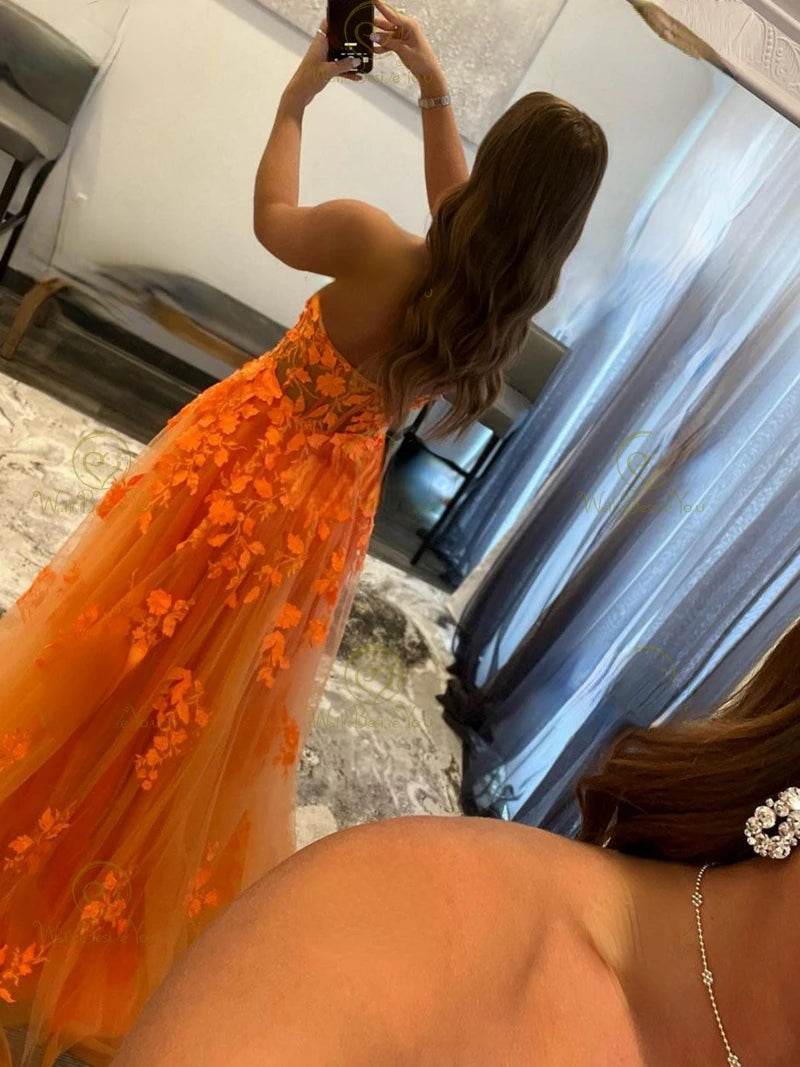 Bridalaffair Orange Lace Applique A-Line Prom Dress - Sweetheart Neckline - Buy Center US