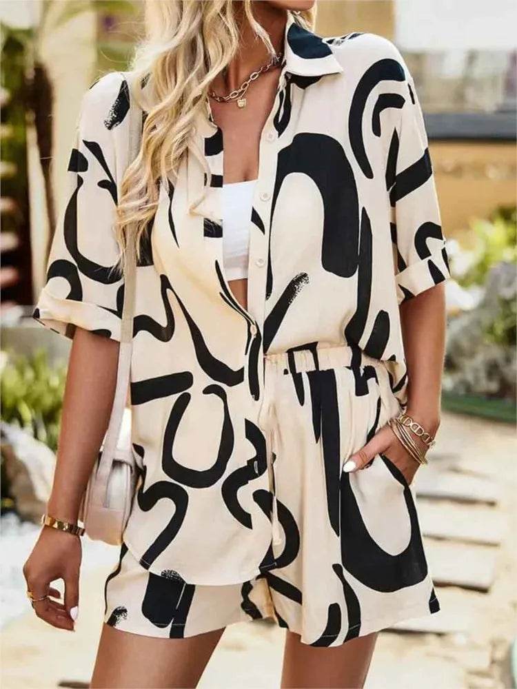 Shuangfuxiang Women’s Casual Geometric Print Short Sleeve Set - Buy Center US