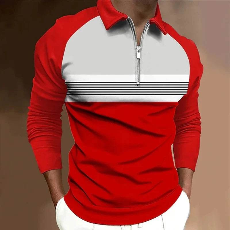 Men’s Casual Golf Polo Shirt - Zipper Lapel, Breathable Contrast Stripe - Buy Center US