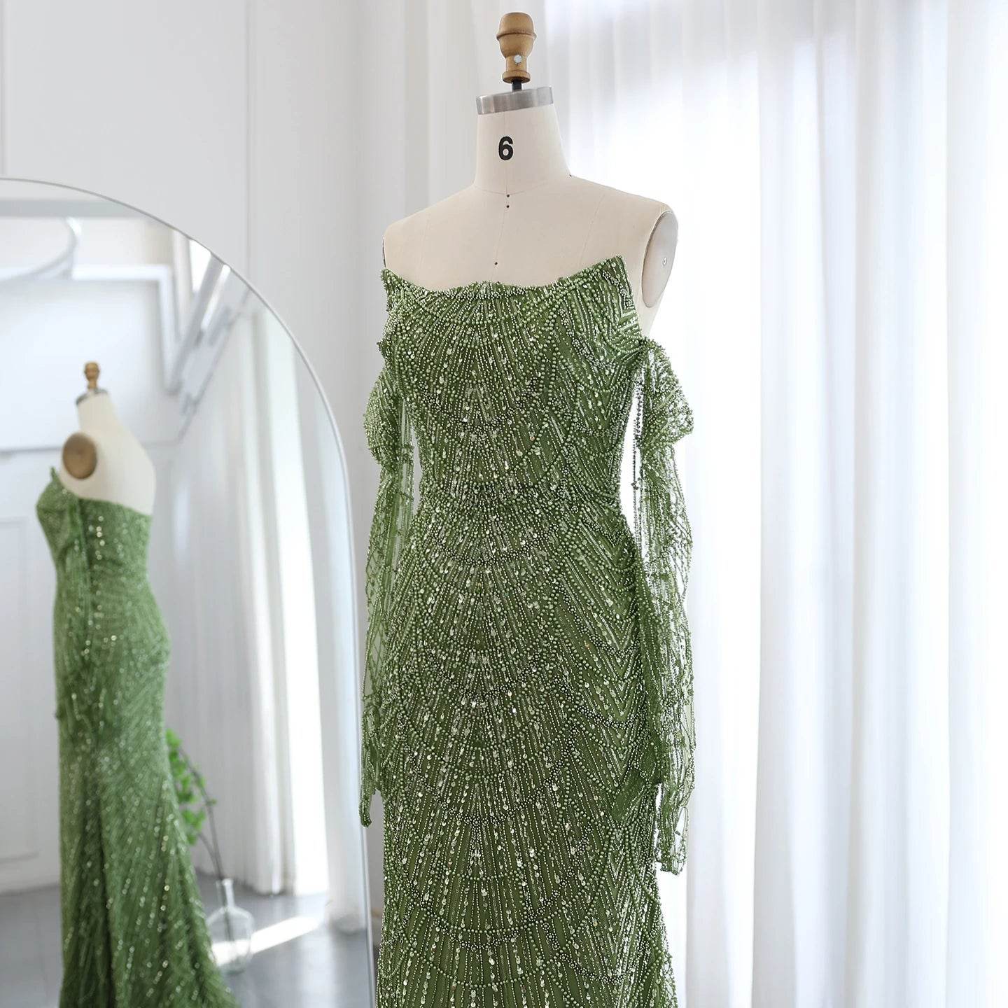 Sharon Said Luxury Mermaid Evening Dress - Green Tulle Gown with Gloves - Buy Center US