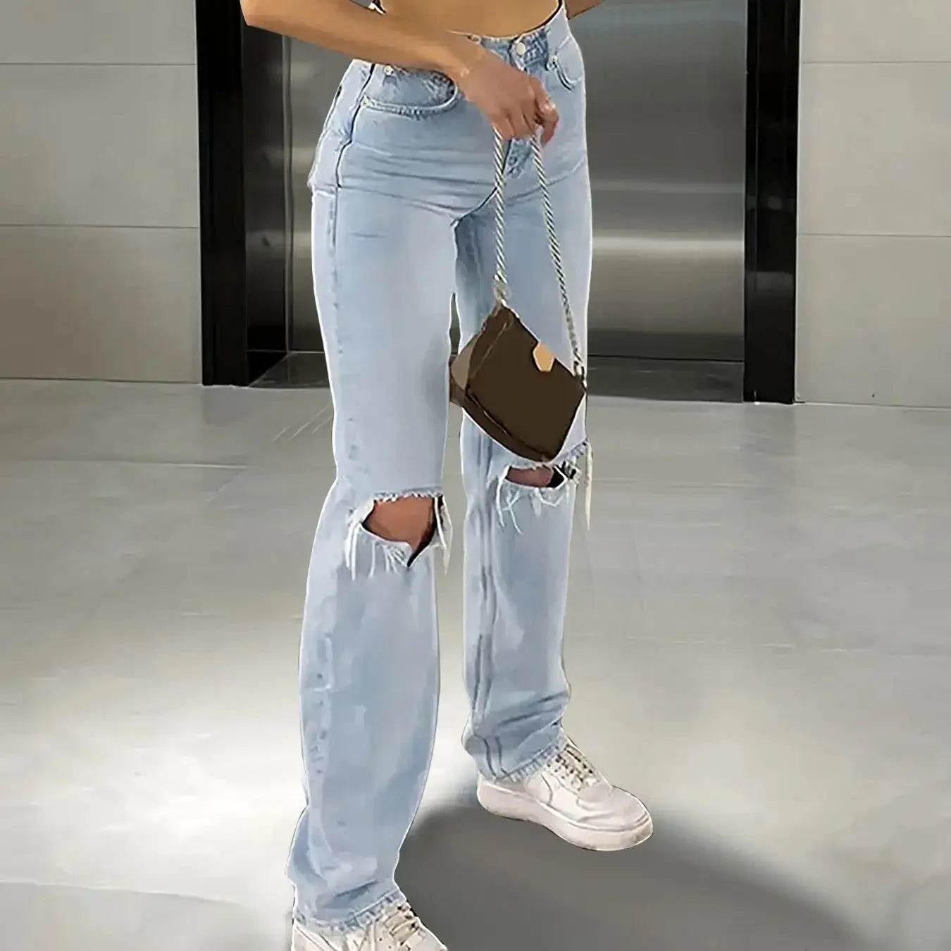 LEEYOVEE Women's Loose Knee-Piercing Jeans - Casual & Comfy Fit - Buy Center US