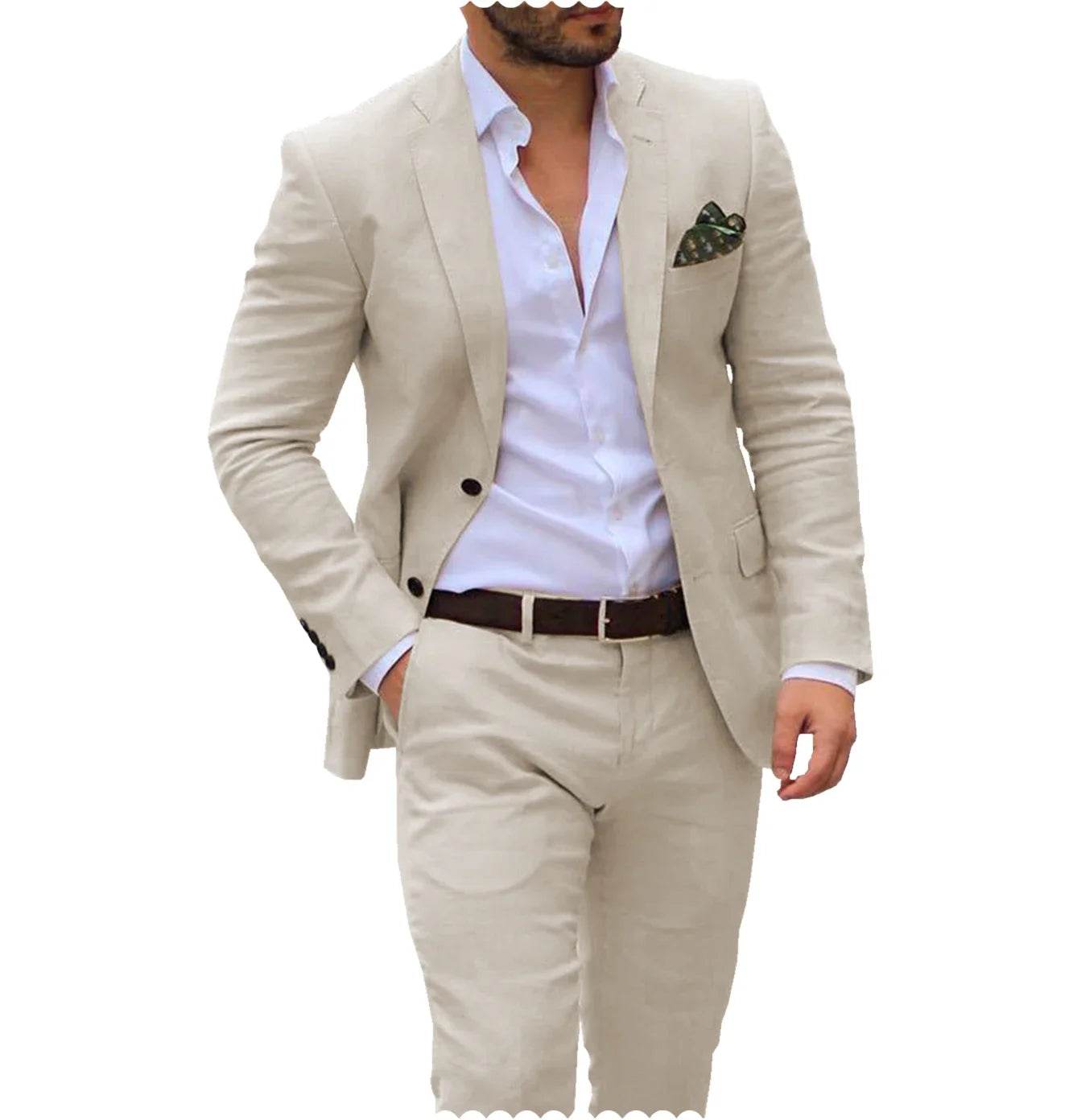 Men’s Linen Wedding Suit - 2 Piece Blazer & Pants for Groom, Custom Fit - Buy Center US