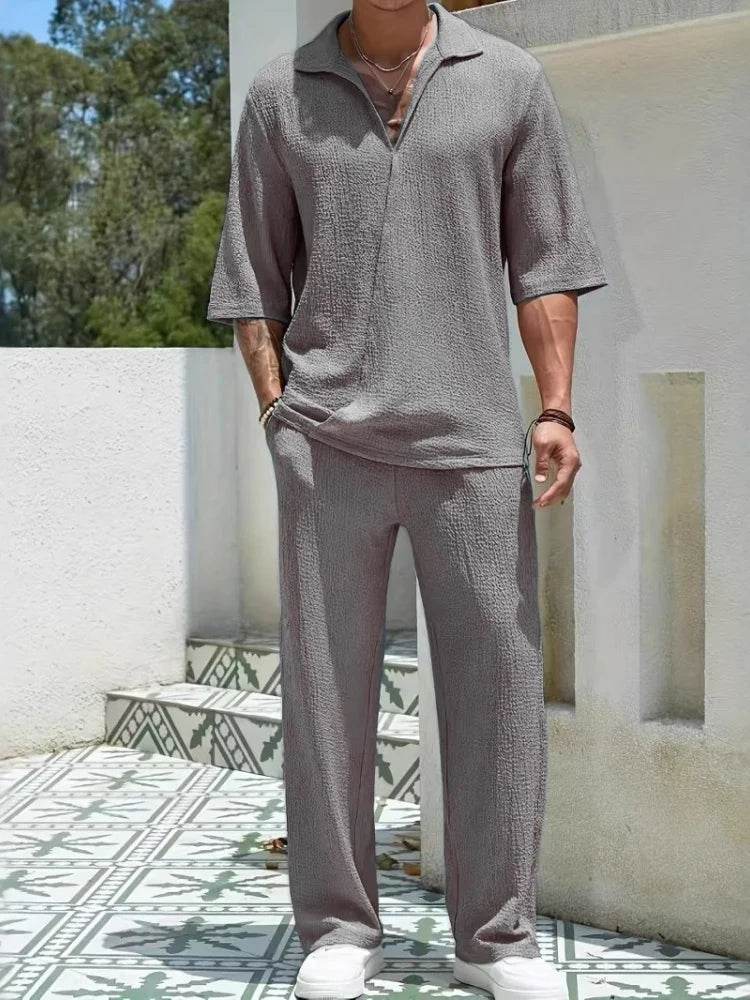 Men's Retro Casual Suit - Solid V-Neck Shirt & Drawstring Pants Set - Buy Center US