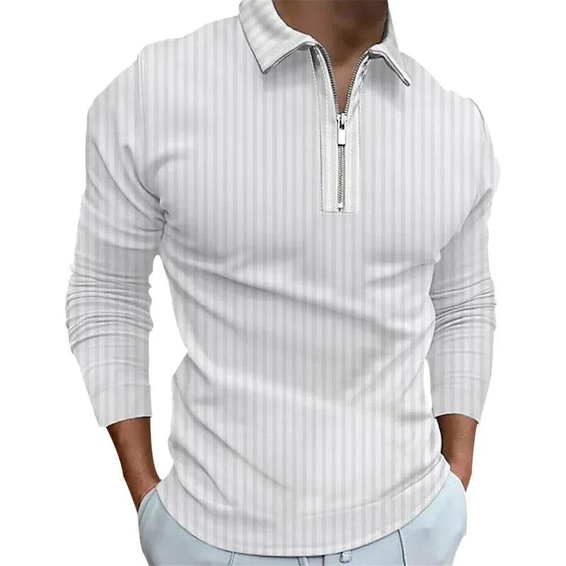 Casual Stripe Polo Shirt for Men - Long Sleeve Zipper Top in Autumn - Buy Center US