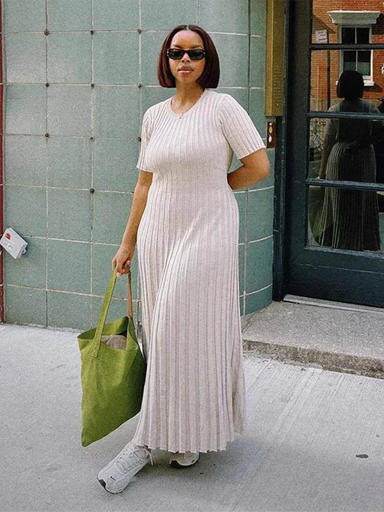 MOXFCIZO Ladies Knitted Short Sleeve Pleated Dress - Spring/Summer Style - Buy Center US
