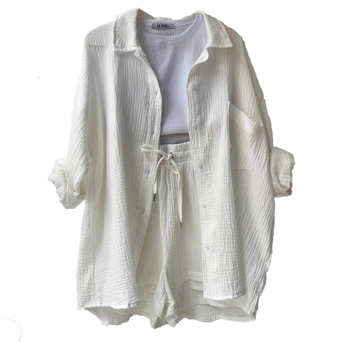 Women's Summer Shorts Set - White Casual Outfit with Long Shirt - Buy Center US