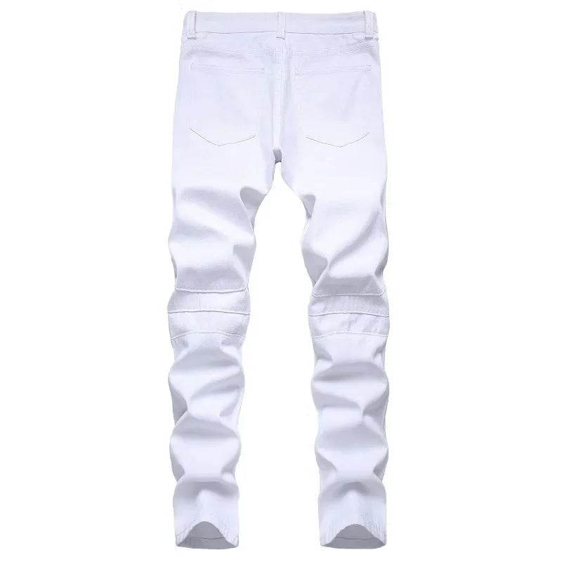 Men's Fashion White Motorcycle Jeans - Casual Straight Fit Denim Pants - Buy Center US