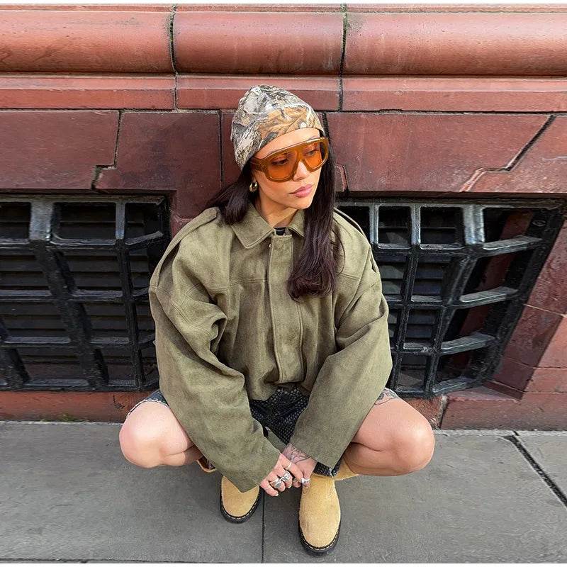 Hfwomenfz Vintage Women's Khaki Short Jacket - Zipper, Pockets, Full Sleeve - Buy Center US