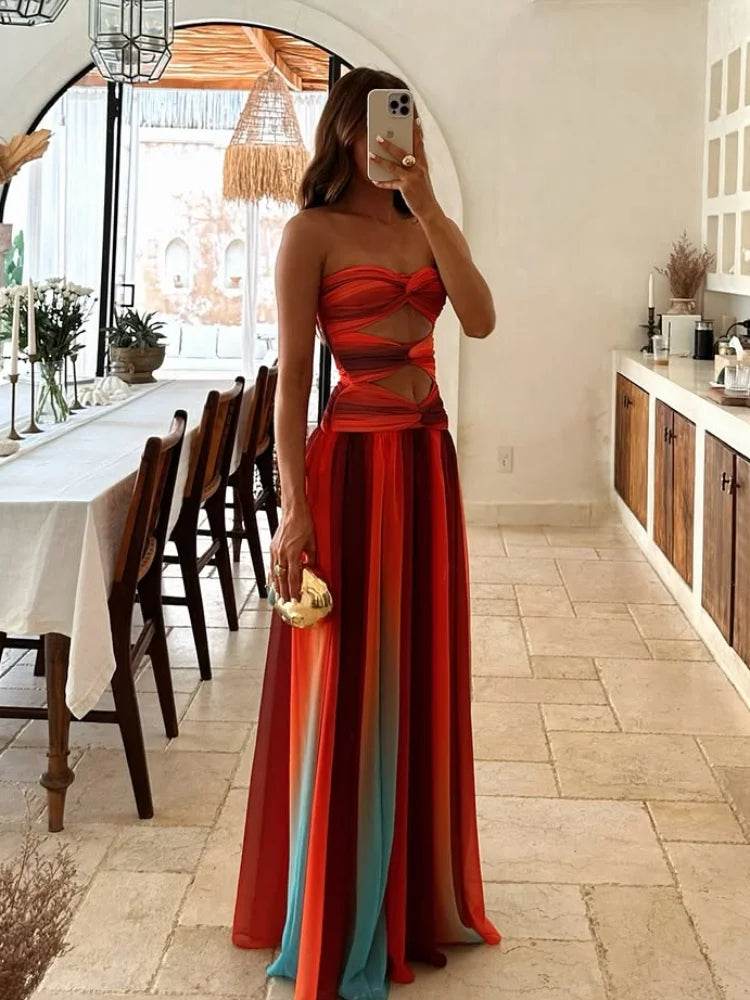 Elegant Tie-Dye Gradient Maxi Dress - Off-Shoulder Summer Style - Buy Center US