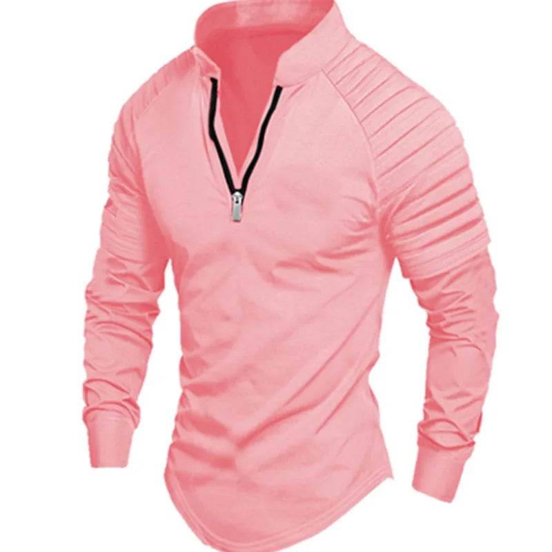 Men's Long Sleeve Polo Shirt - Casual Solid Color with Zipper Collar - Buy Center US