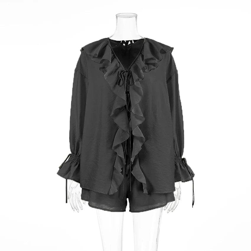 Tornova Women's Ruffled Shorts Set - V Neck Lace Up Casual Style - Buy Center US