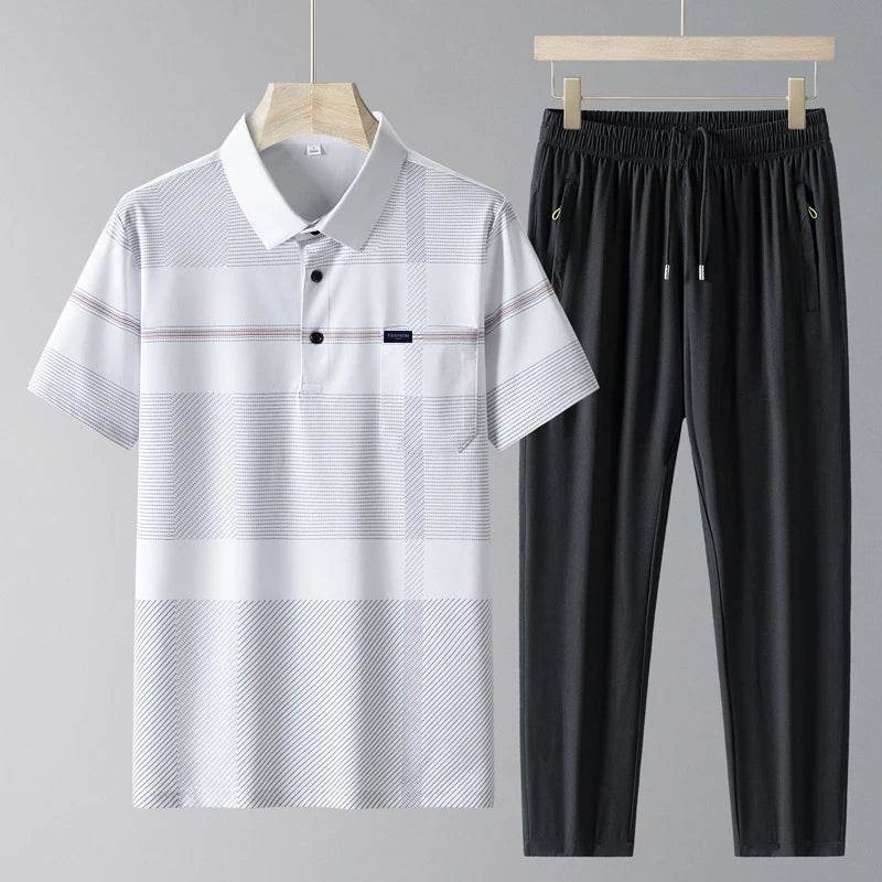 Simplicity Summer Ice Silk Pants & Polo Set - Casual Men's Drawstring - Buy Center US