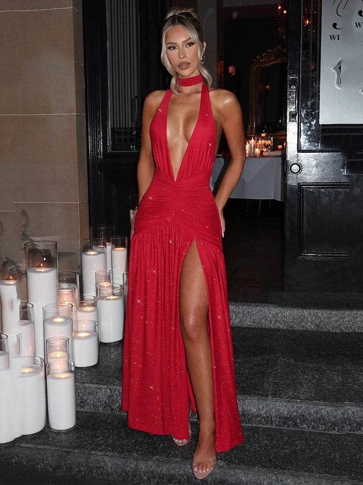 Mozision Deep V Neck Glitter Maxi Dress - Sexy Sleek & Backless - Buy Center US