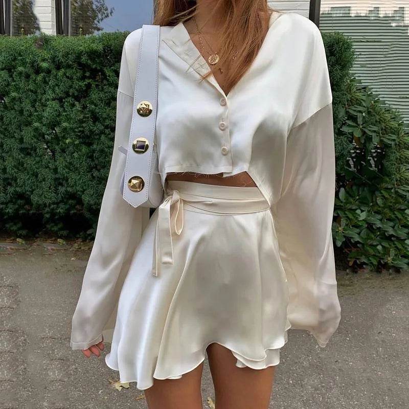 2025 Women's White Satin Two Piece Set - Elegant Crop Top & Skirt - Buy Center US