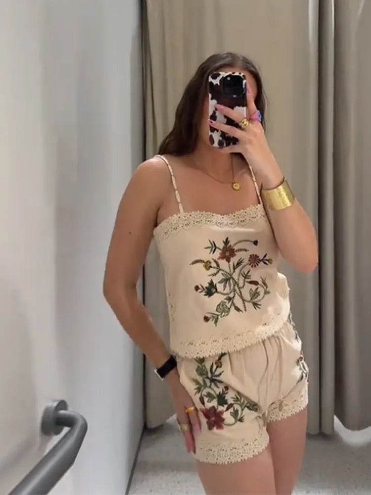 Retro Embroidered Sling Top and Shorts Set - Casual Summer Outfit - Buy Center US